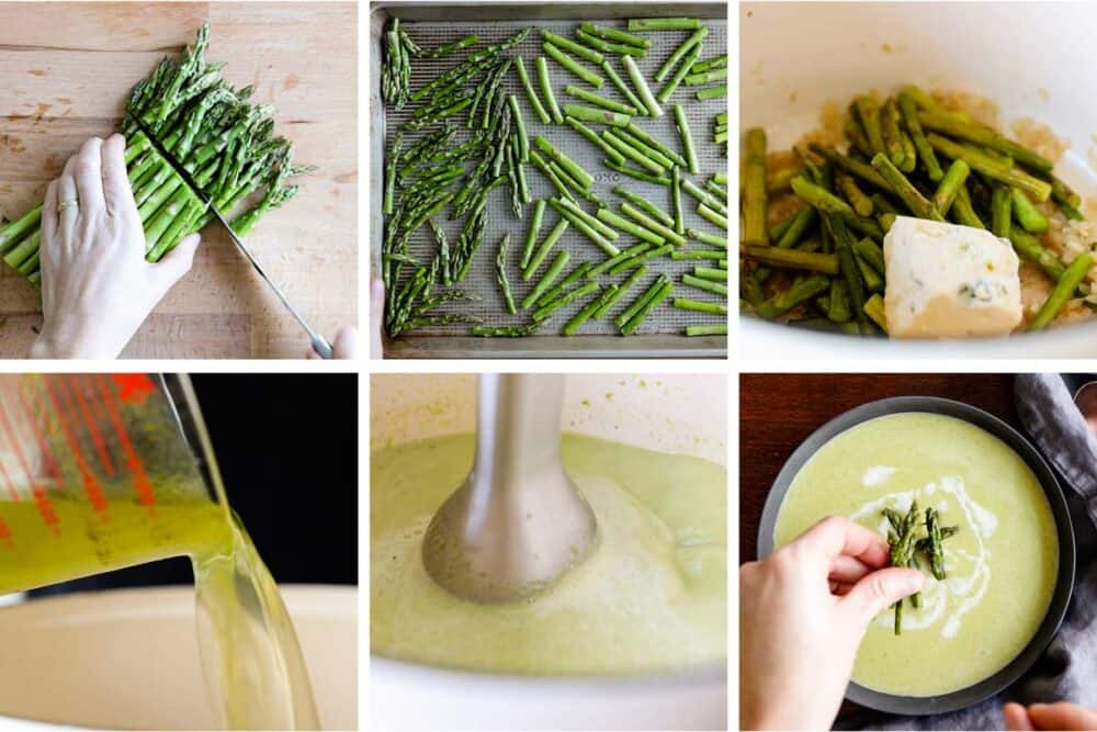 Photo collage of step-by-step process of how to make asparagus soup.