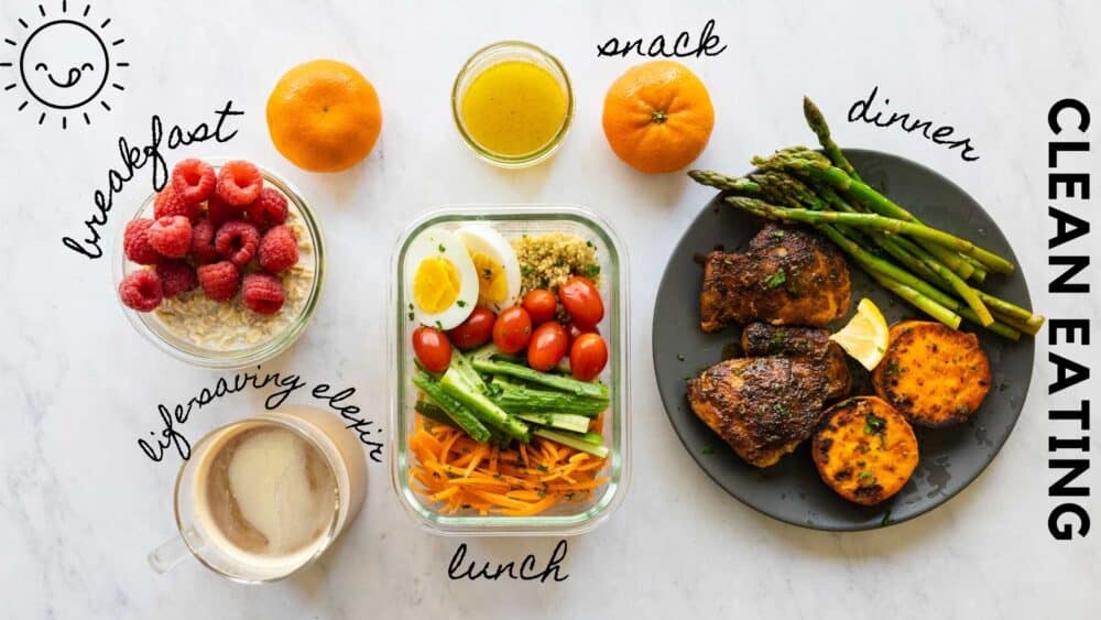 All meals for a day of healthy eating laid out on a kitchen counter labeling all meals.