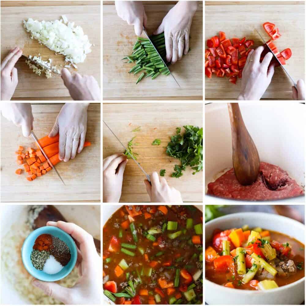 photo collage of step-by-step process of how to make beef vegetable soup.