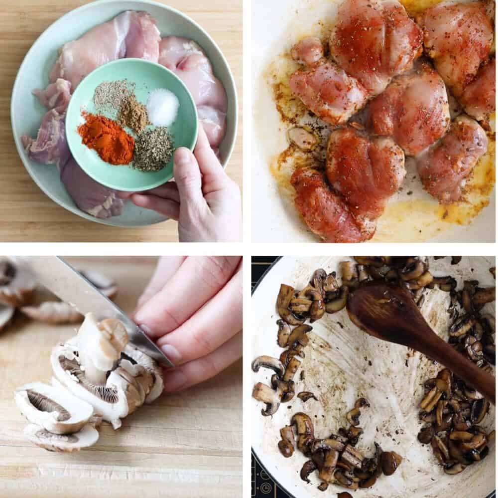 photo collage of step-by-step process of how to make mushroom chicken.