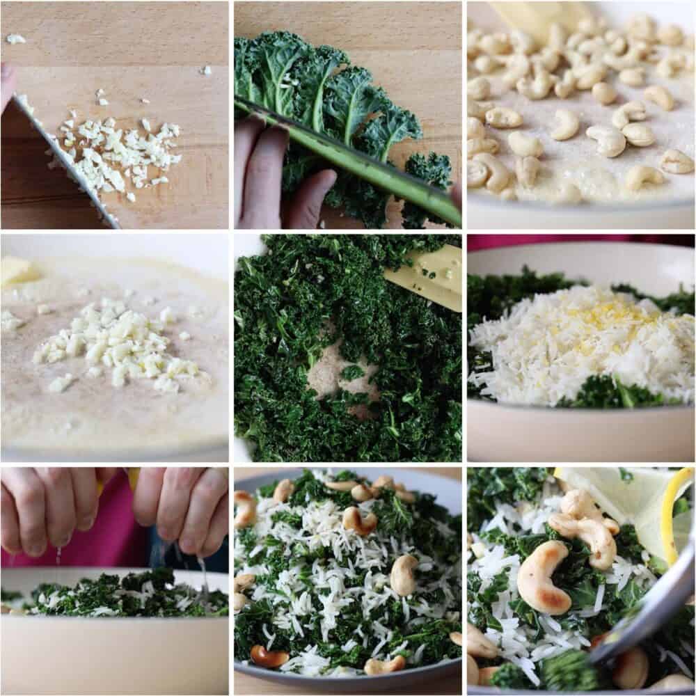 Photo collage of step-by-step process of what to make with leftover rice.