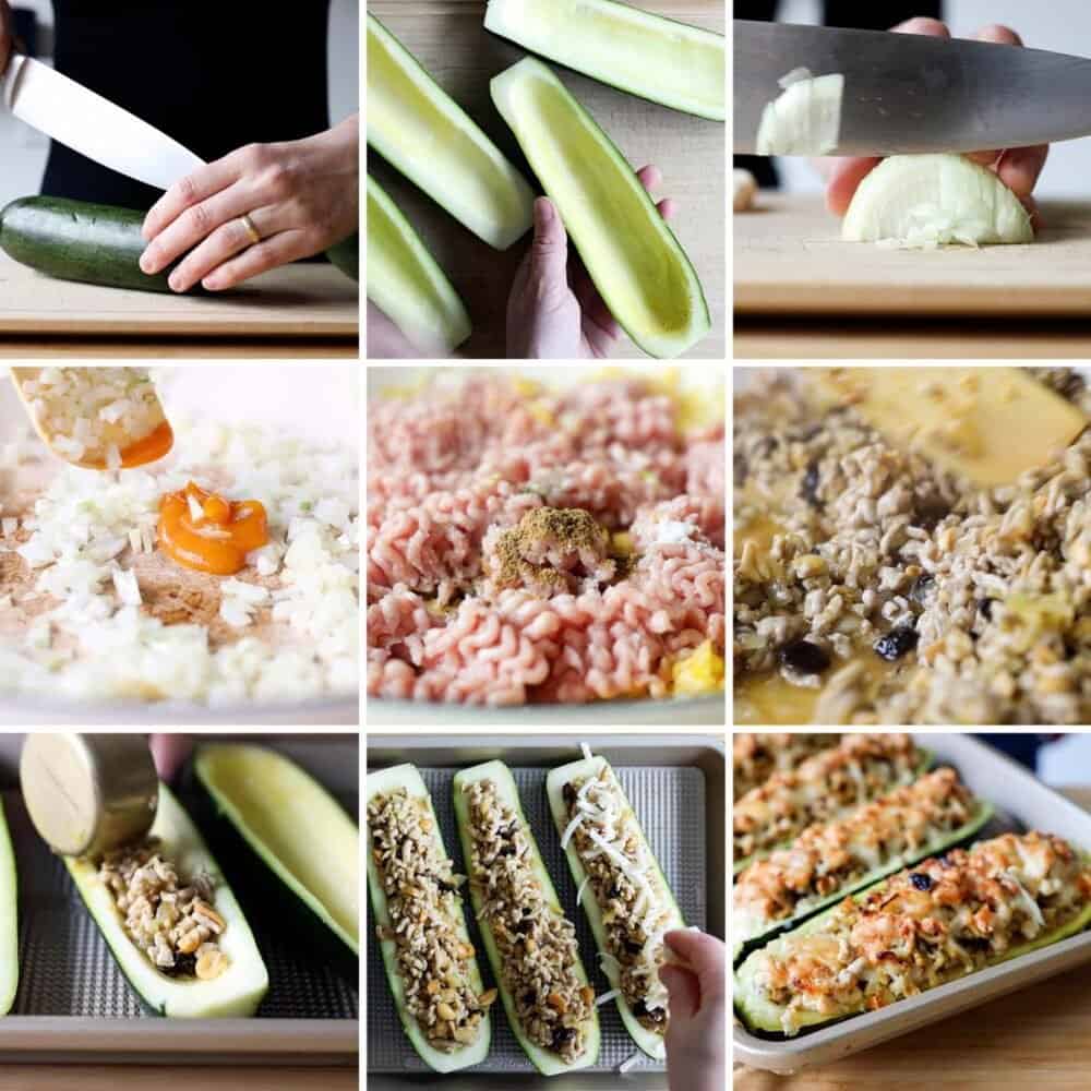 Photo collage of step-by-step process of how to make low carb stuffed zucchini boats..