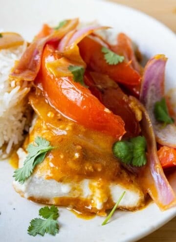 Cooked mahi mahi fish with tomato onion sauce and cilantro.