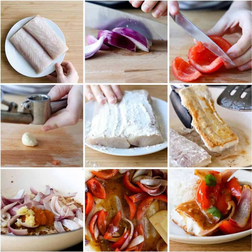 Photo collage of step-by-step process of how to make the mahi mahi recipe.