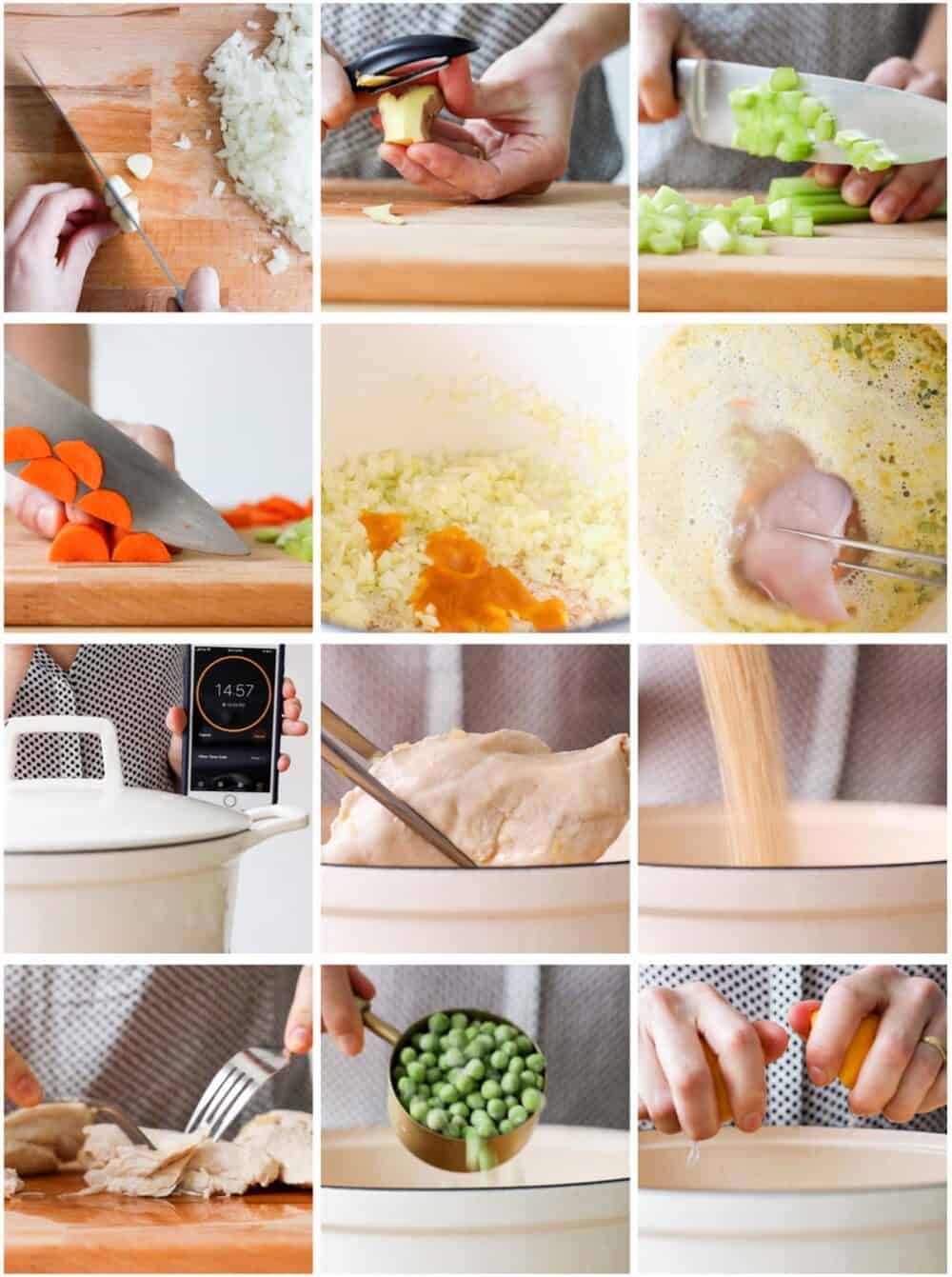 Photo collage of step-by-step process of how to make chicken soup.