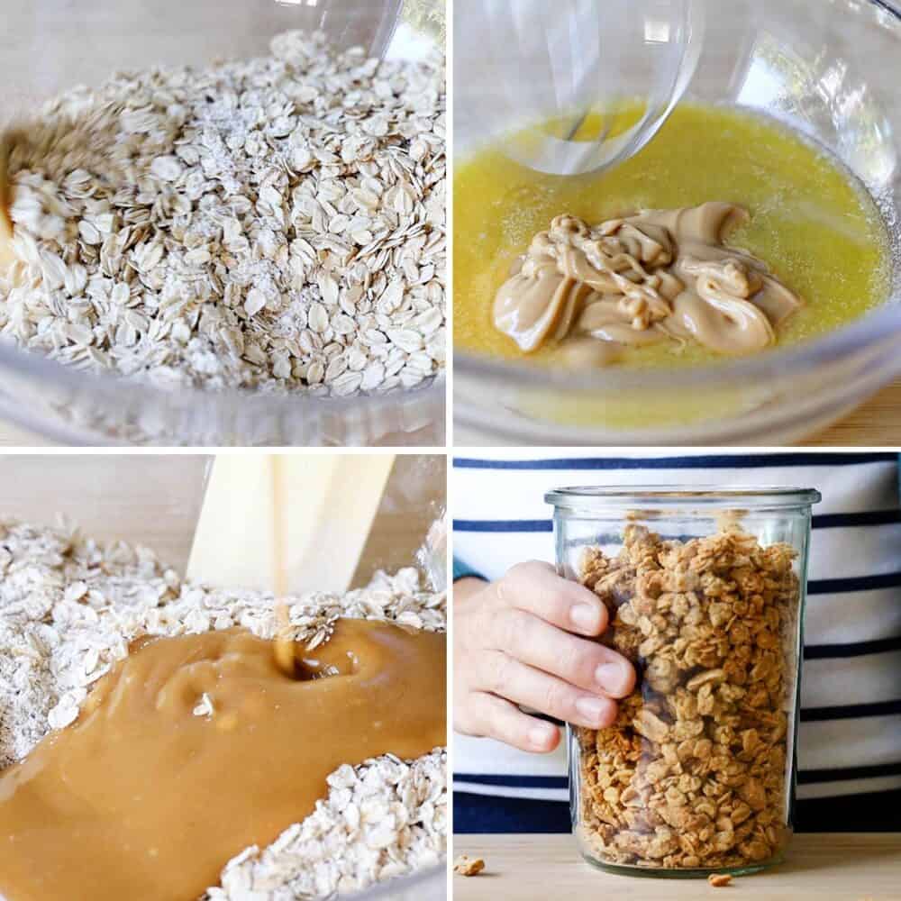 Collage of 4 images showing the process of how to make peanut butter granola.