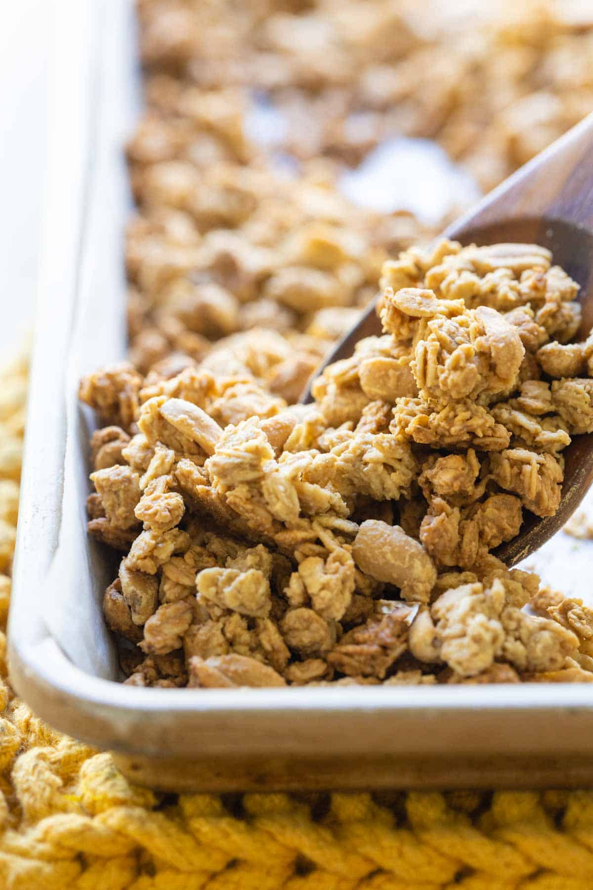 Close-up of baked peanut butter granola on a baking sheet.