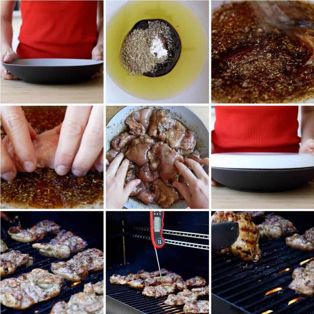 Photo collage of step-by-step process of how to make balsamic grilled chicken.