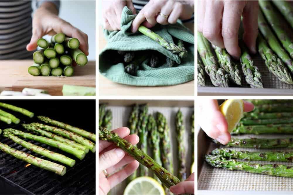 collage of images showing step-by-step process of how to make grilled asparagus.