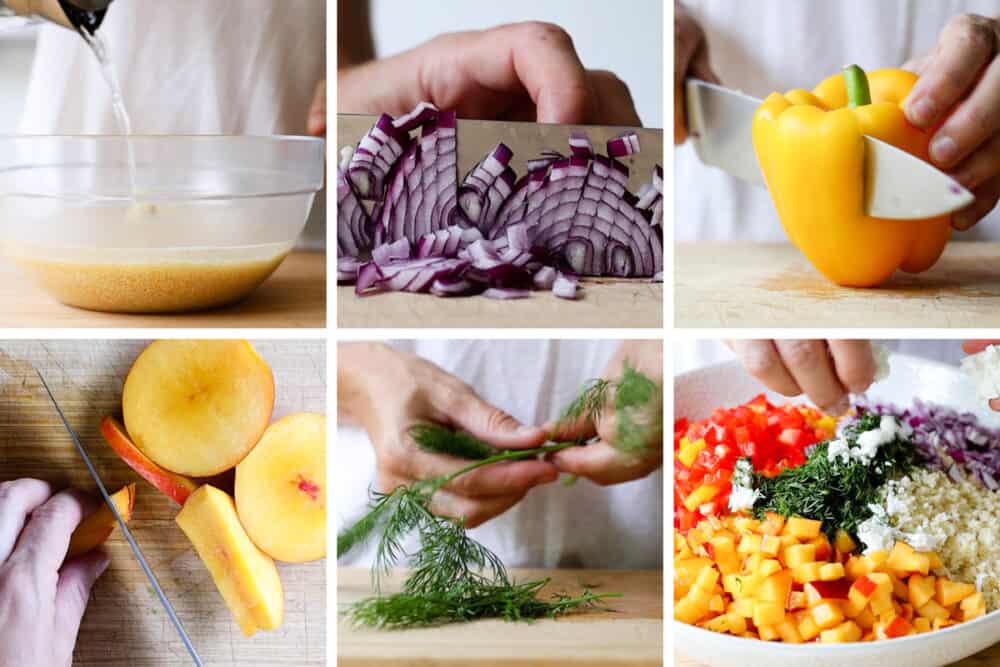 Photo collage of step-by-step process of how to make couscous salad.