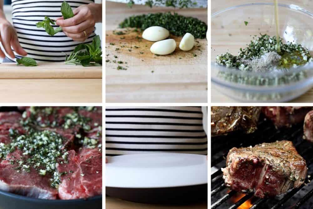 Photo collage of step-by-step process of how to make grilled lamb chops.
