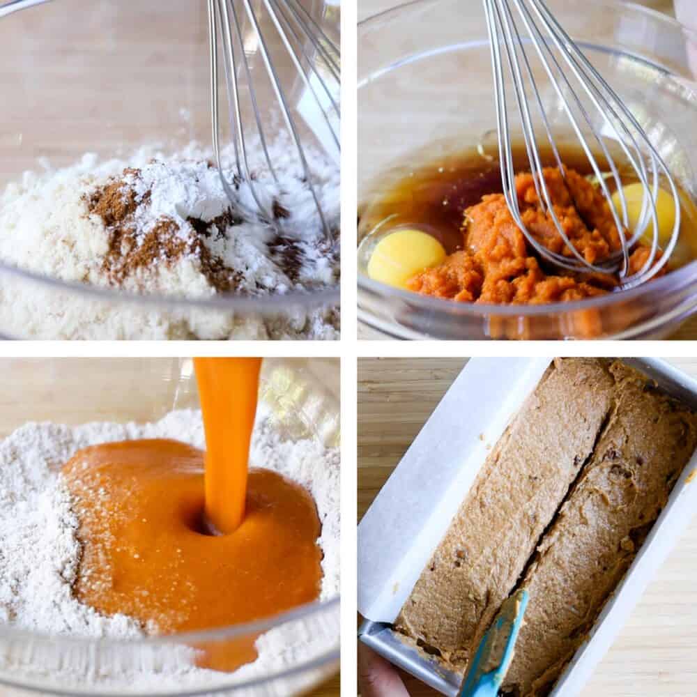 Photo collage of pumpkin bread baking process. 