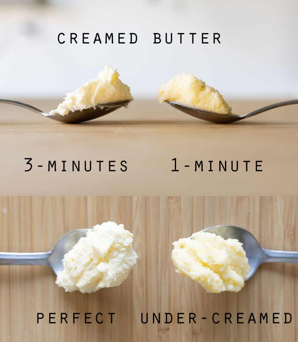 Creamed butter on spoons showing texture and color difference after 1 minute and 3 minutes of creaming.
