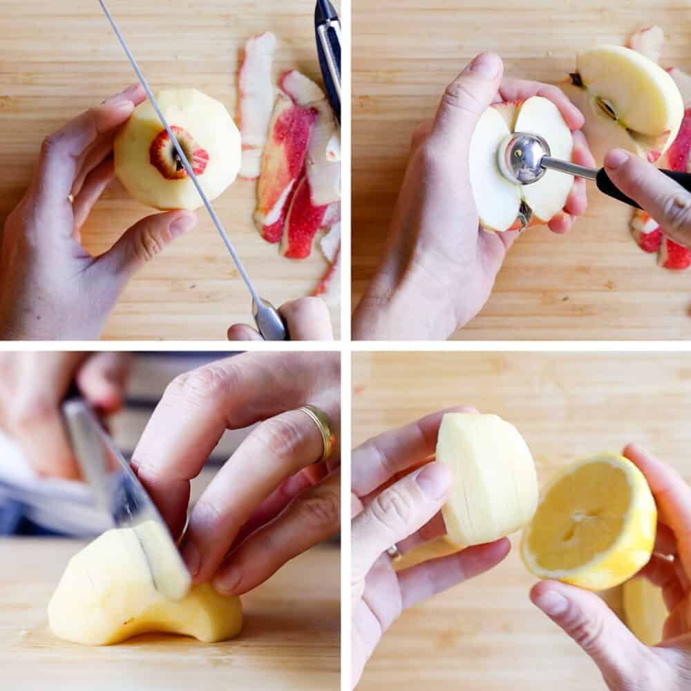 Photo collage of step-by-step instructions on how to prepare the apples.