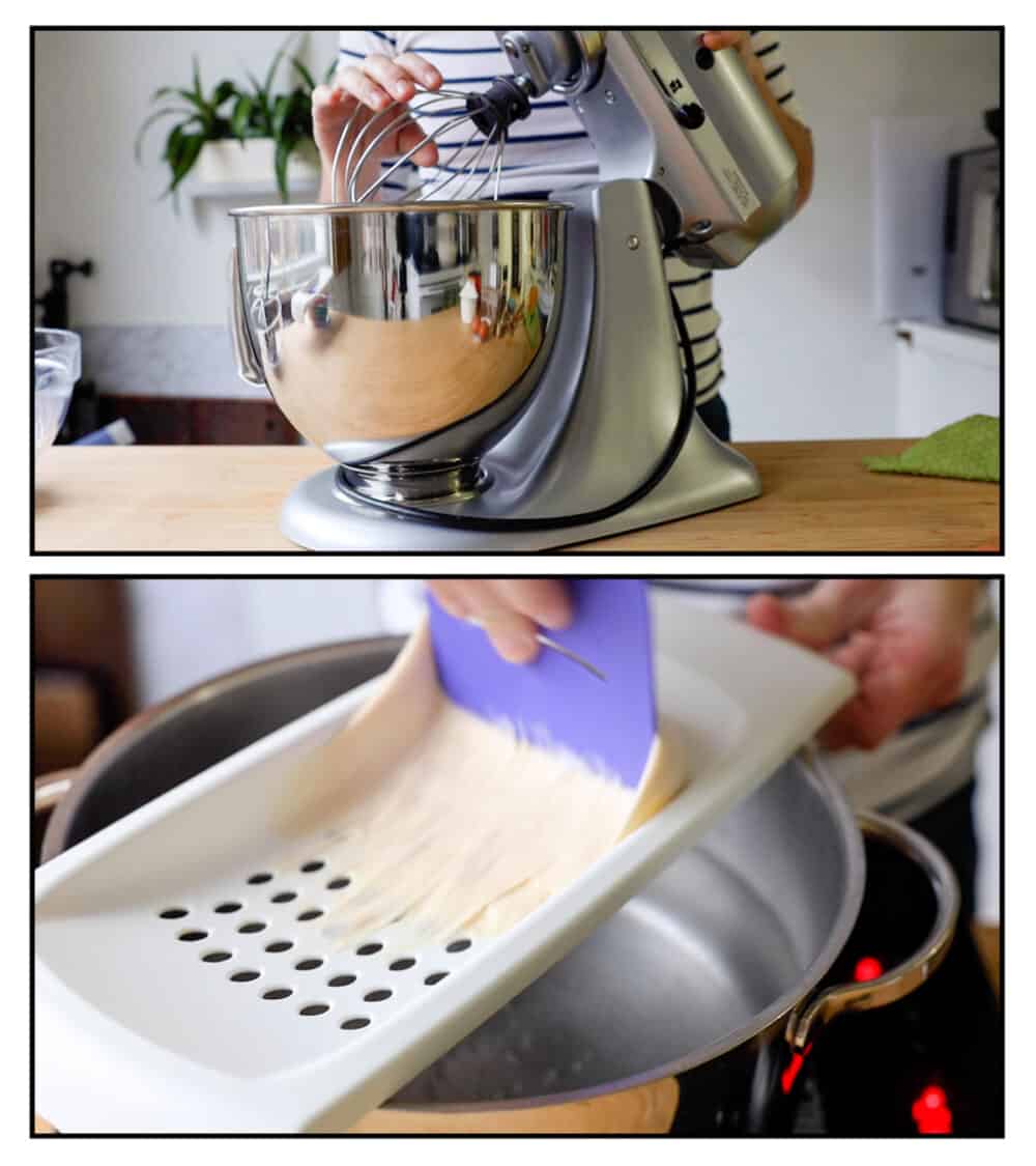 Photo collage of stand mixer and Spaetzle scraper over a pot.