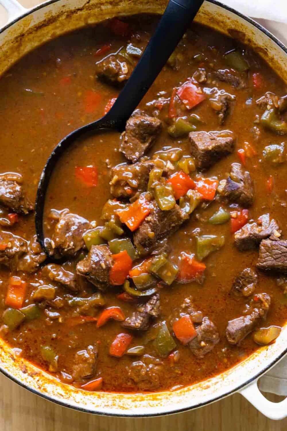 German Goulash in a white braiser.