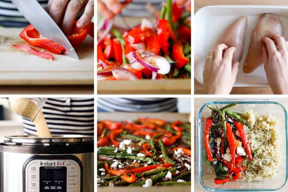 Photo collage of step-by-step process of how to make a chicken quinoa bowl.