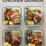 Four glass containers with chicken quinoa bowl recipe inside.