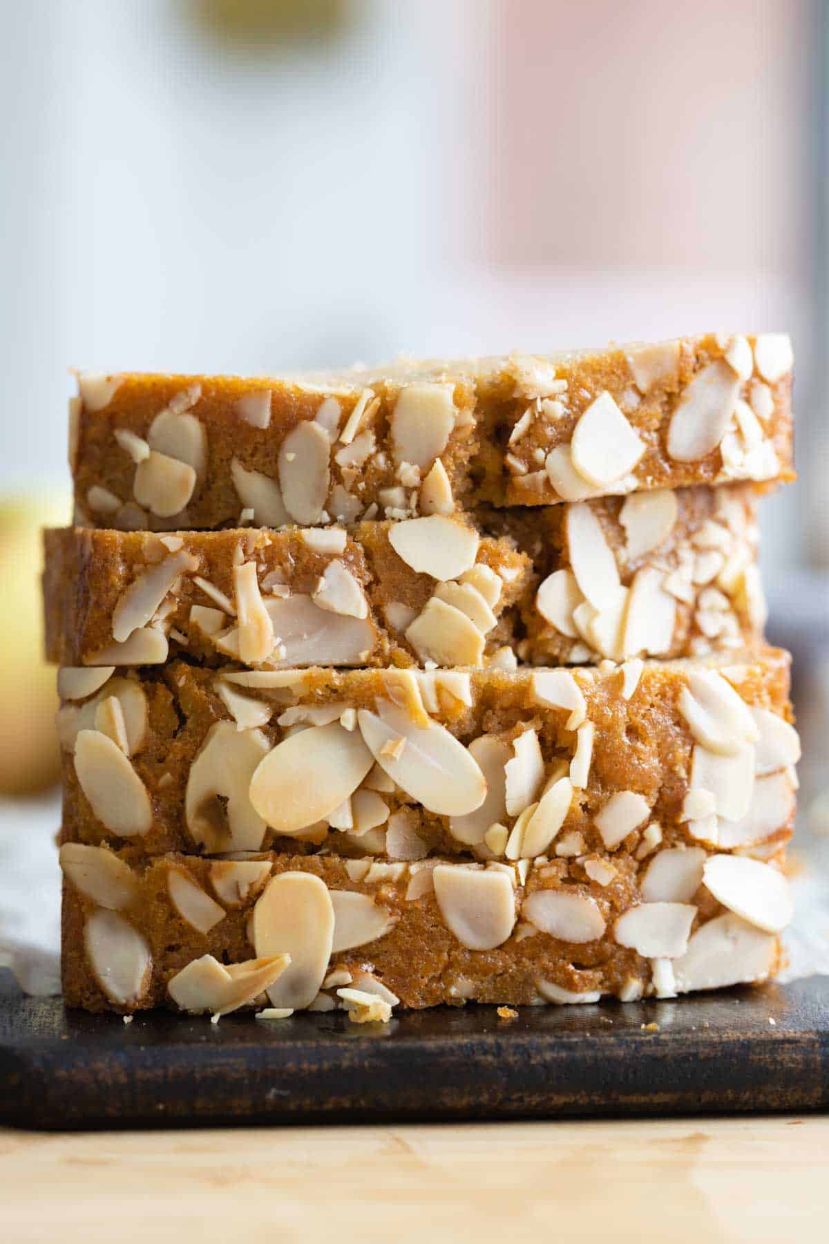 Slices of apple bread stacked on top of each other.