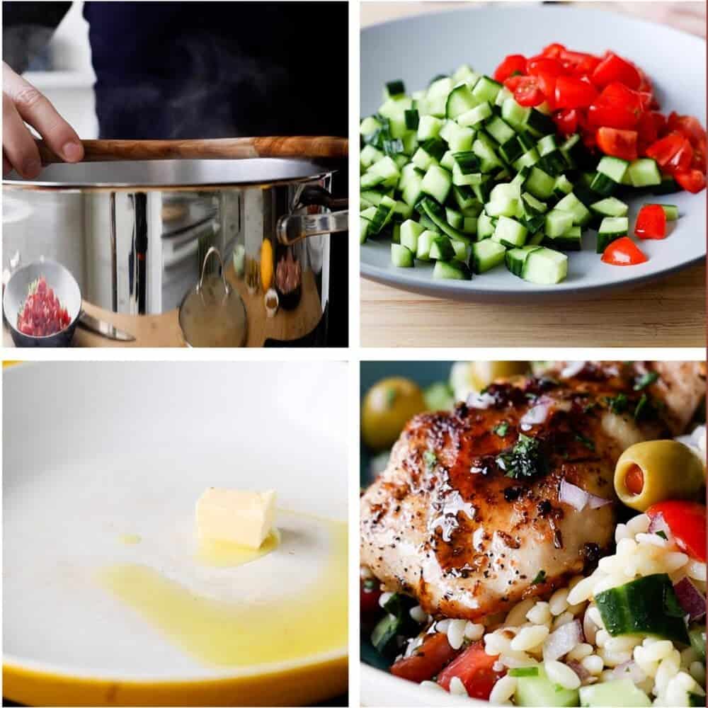 Photo collage showing process of how to make Chicken Orzo.