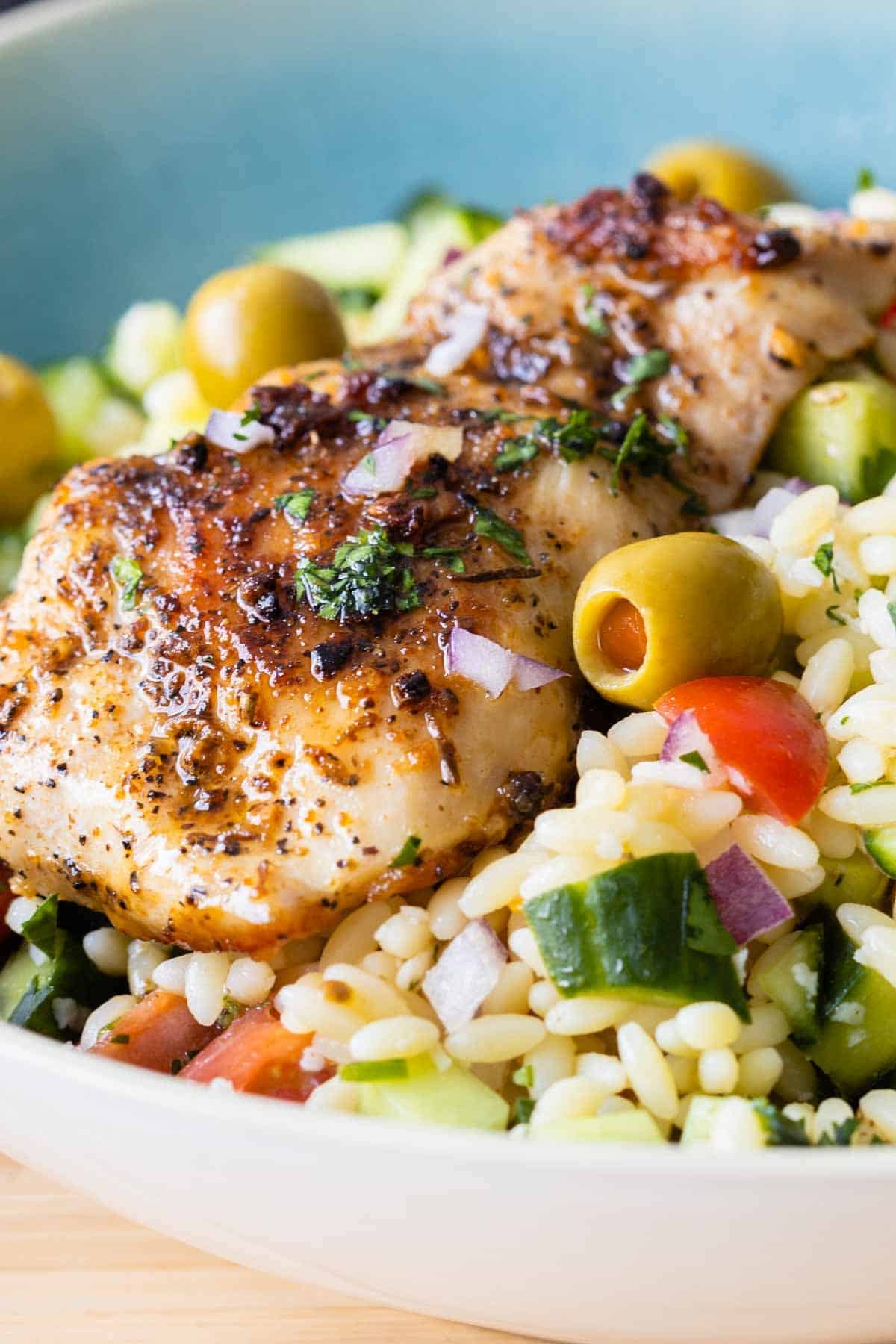 Closeup image of texture of Chicken Orzo dish in a blue bowl.