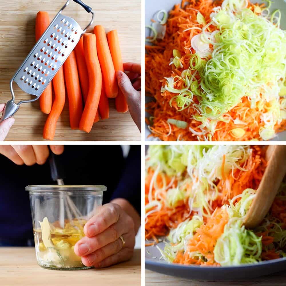 Photo collage of four images showing the step-by-step process of how to make a grated carrot salad.