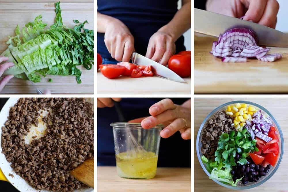 Photo collage with 6 photos showing the step-by-step process of how to make meal prep burrito bowls.