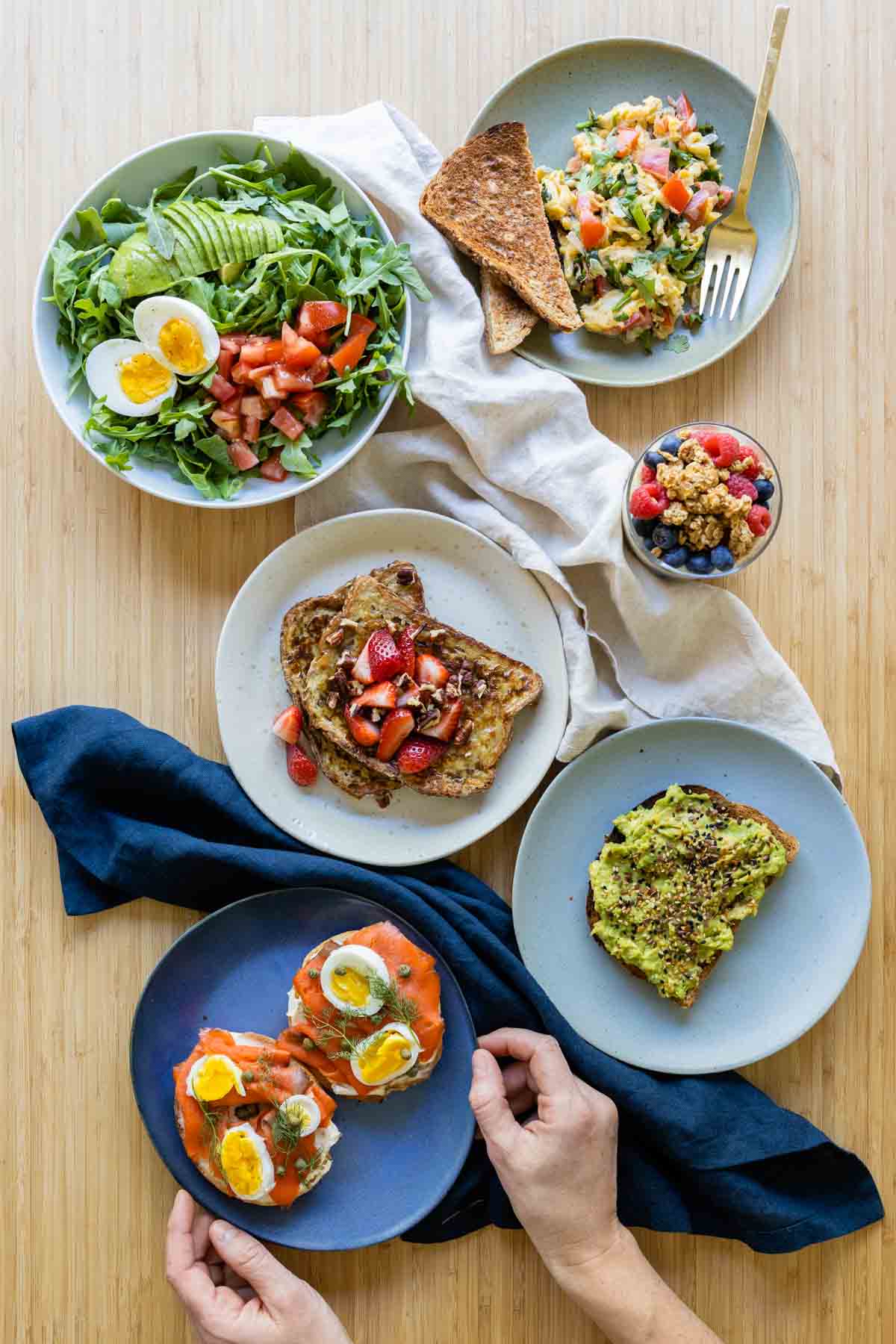 All 6 brunch ideas next to each other on a kitchen counter.