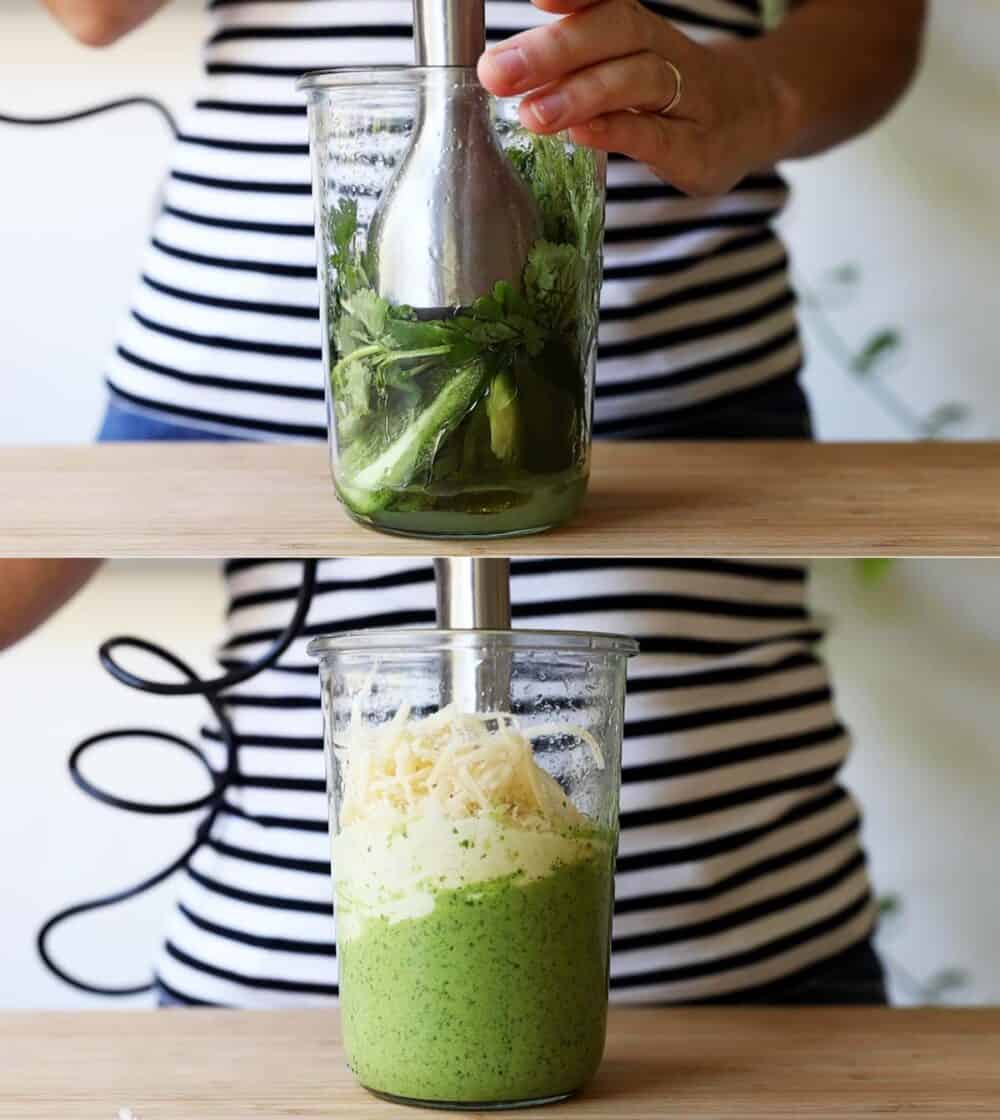 Collage of two images showing the process of blending the ingredients for the aji verde sauce.