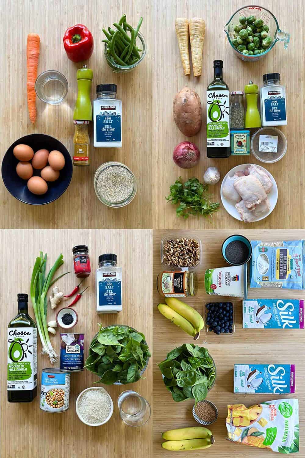 Photo collage of all ingredients for each healthy meal laid out on a kitchen counter.