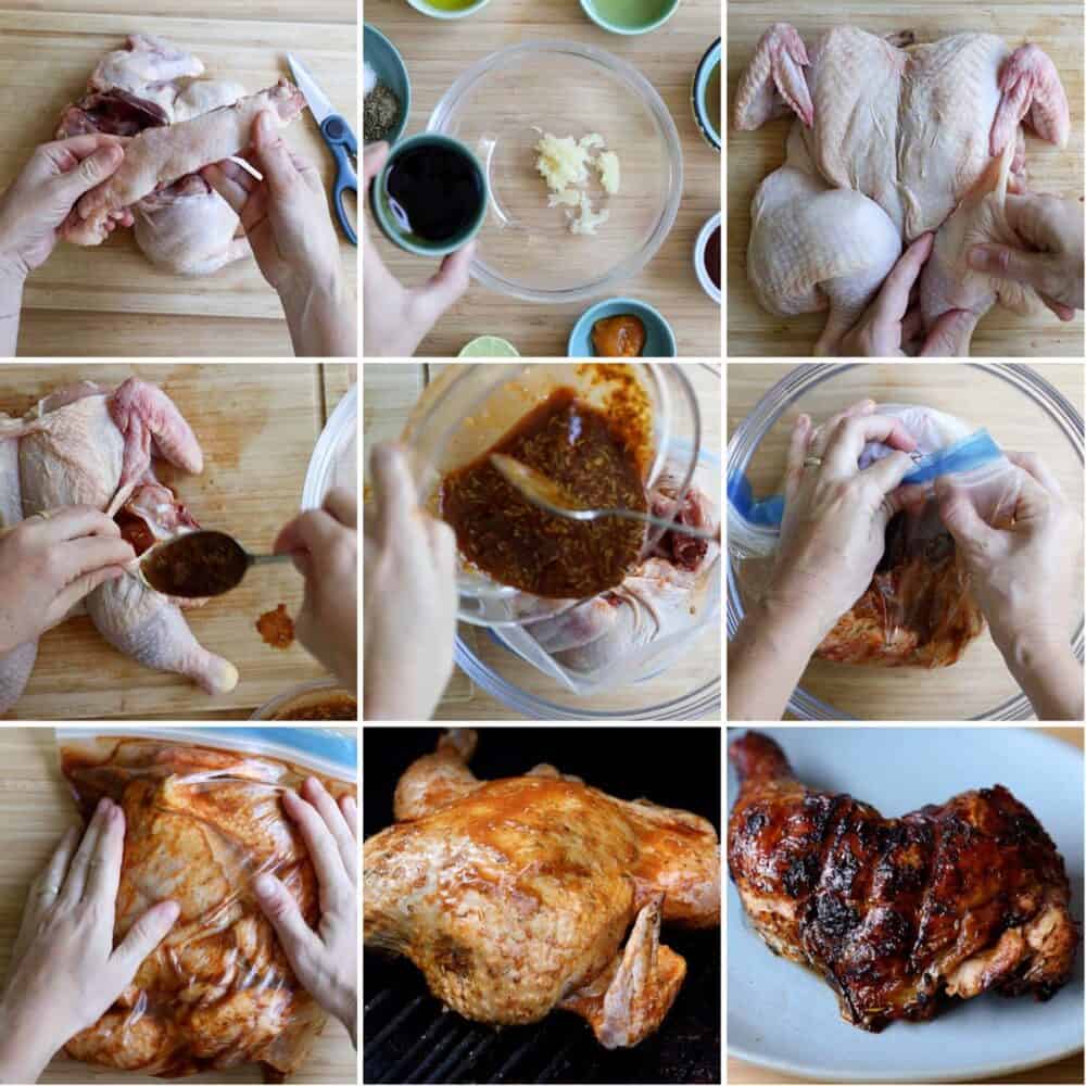 Photo collage of step-by-step process of how to make pollo a la brasa.