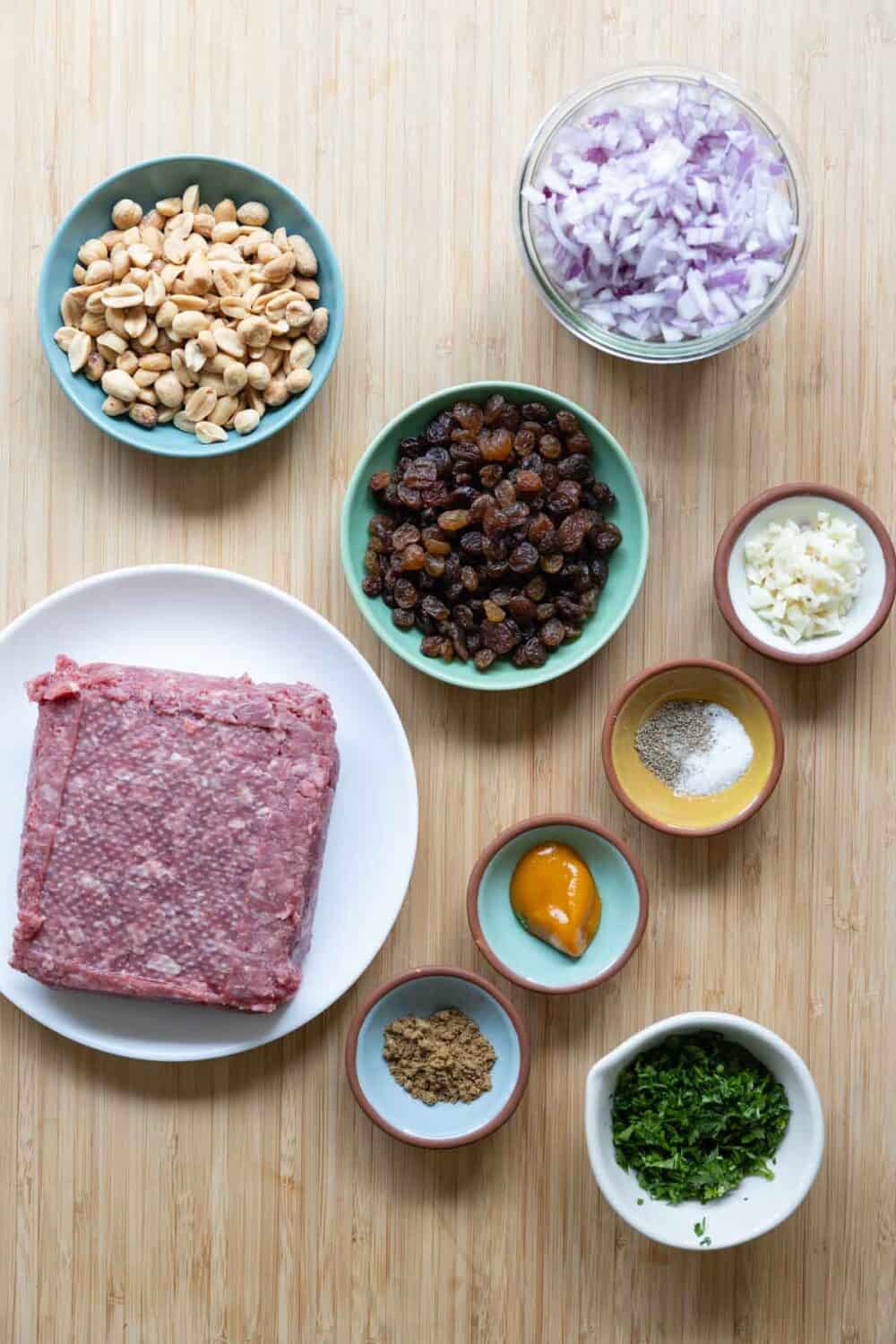 Ingredients for whole turkey stuffing laid out on a kitchen counter.