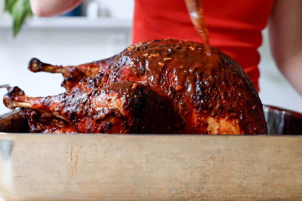 Turkey in a large roasting pan and person behind basting it.