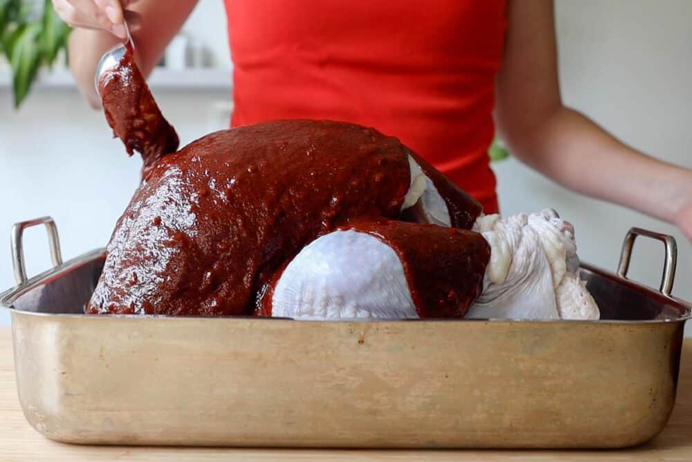 Turkey in a large roasting pan and person pouring marinade over the whole turkey.