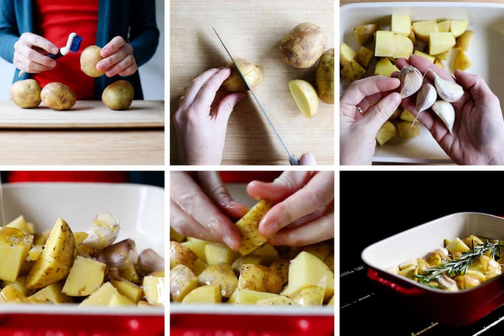 Photo collage of six images showing the step-by-step process of how to make garlic roasted potatoes.