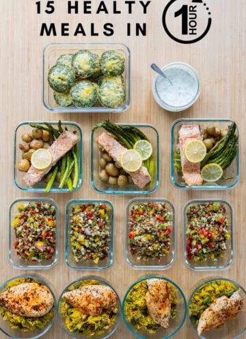 15 Healthy Meals in meal prep containers laid out on a kitchen counter.