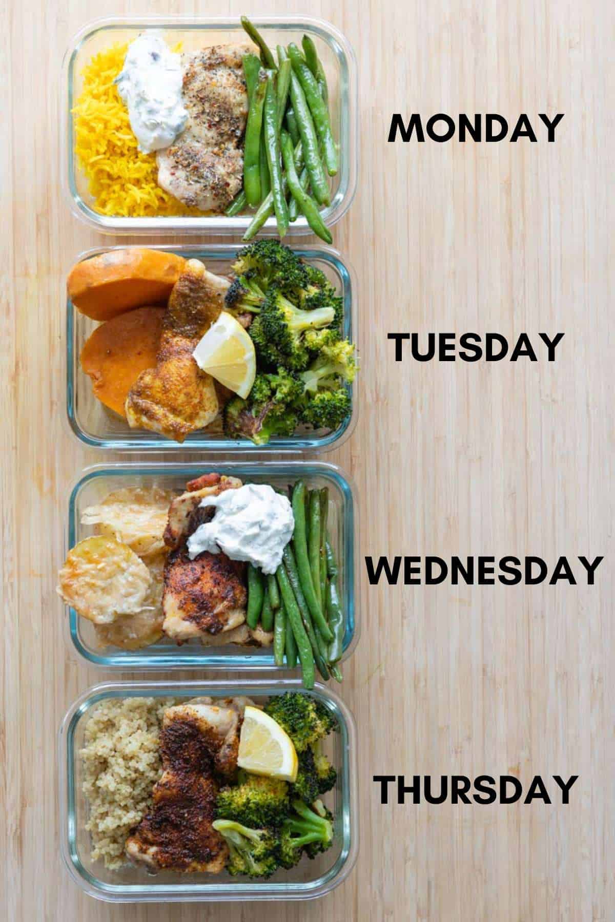 Four glass containers with sheet pan chicken, green beans, broccoli, potato, rice, quinoa, and sweet potato.