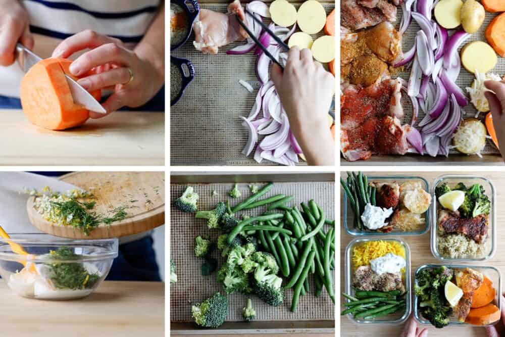 Photo collage of step-by-step process of how to make sheet pan chicken meal prep bowls.